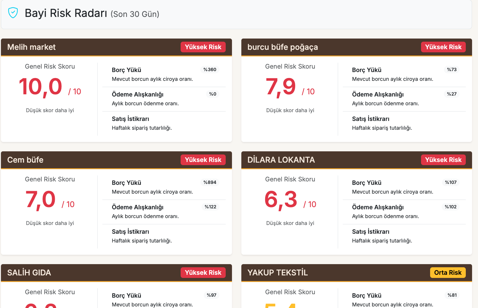 Bayi Risk Radarı Ekran Görüntüsü